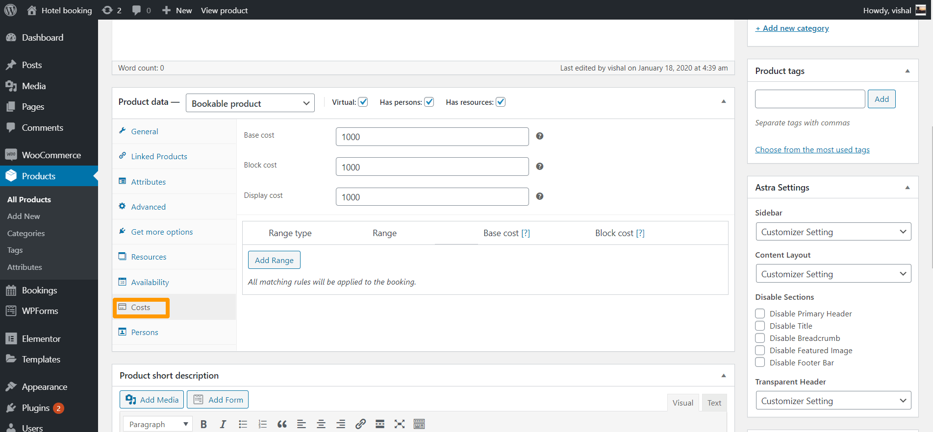 cost setup of bookable product