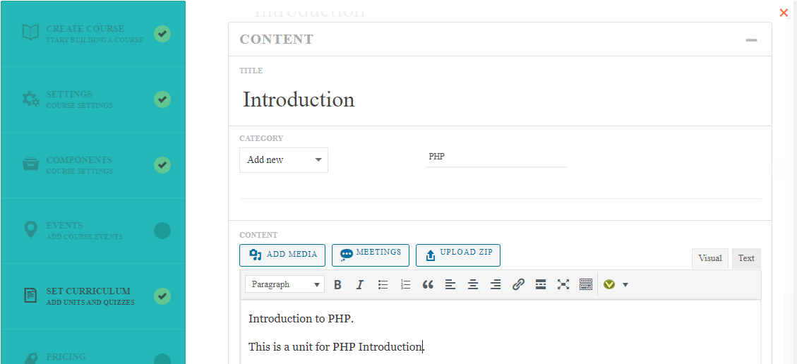 course curriculum edit section content