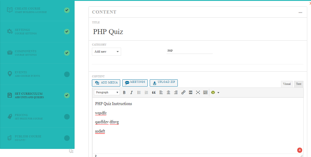 course curriculum edit section quiz content